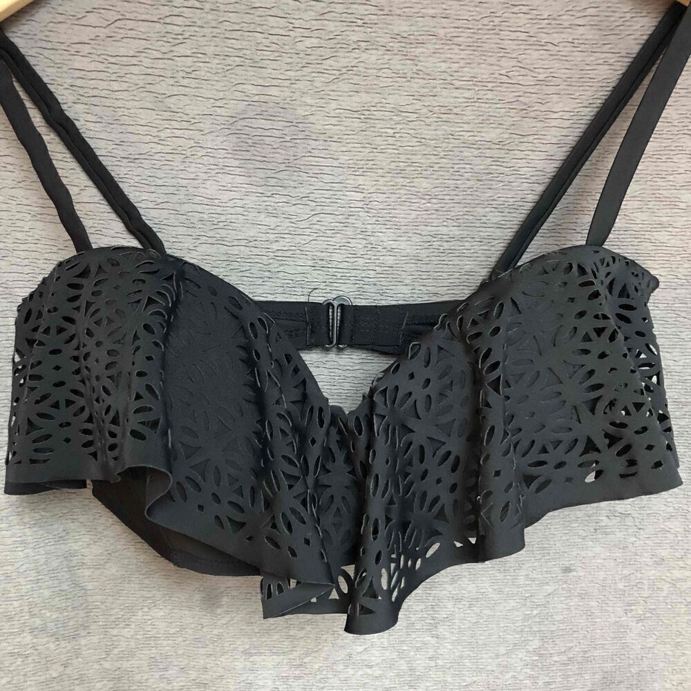 Collections By Catalina Black Longline Bra With Laser-Cut Details Medium